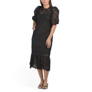 NANCY YANG Black Flounce Hem Lace Dress